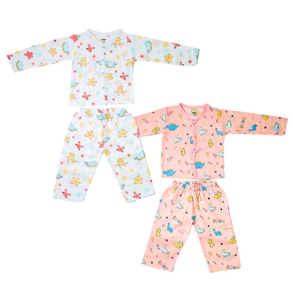 Muslin Night Suit - (Pack of 2) - Marine Marvel & Roar with Dino Combo