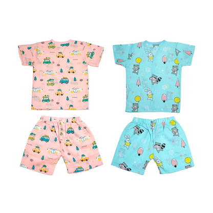 Muslin Jabla Half Sleeve & Shorts - (Pack of 2) - Summer Ride & Animal party Combo