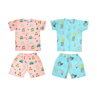 Muslin Jabla Half Sleeve & Shorts - (Pack of 2) - Summer Ride & Animal party Combo