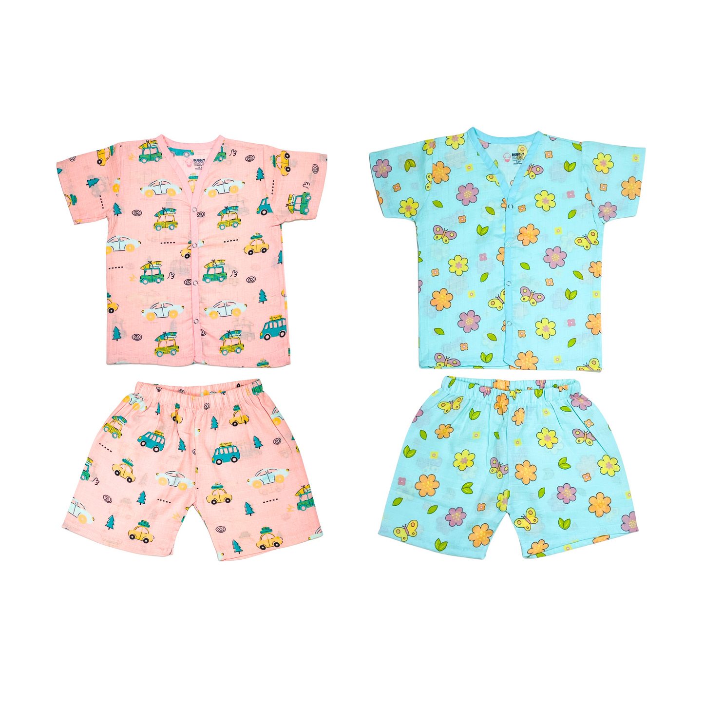 Muslin Jabla Half Sleeve & Shorts - (Pack of 2) - Summer Ride & Petals and Wings Combo