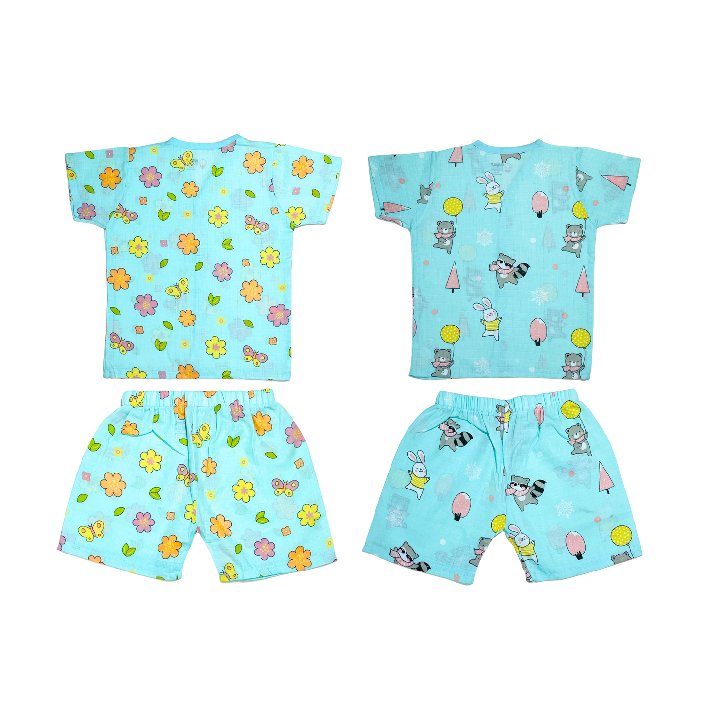 Muslin Jabla Half Sleeve & Shorts - (Pack of 2) - Petals and Wings & Animal party Combo