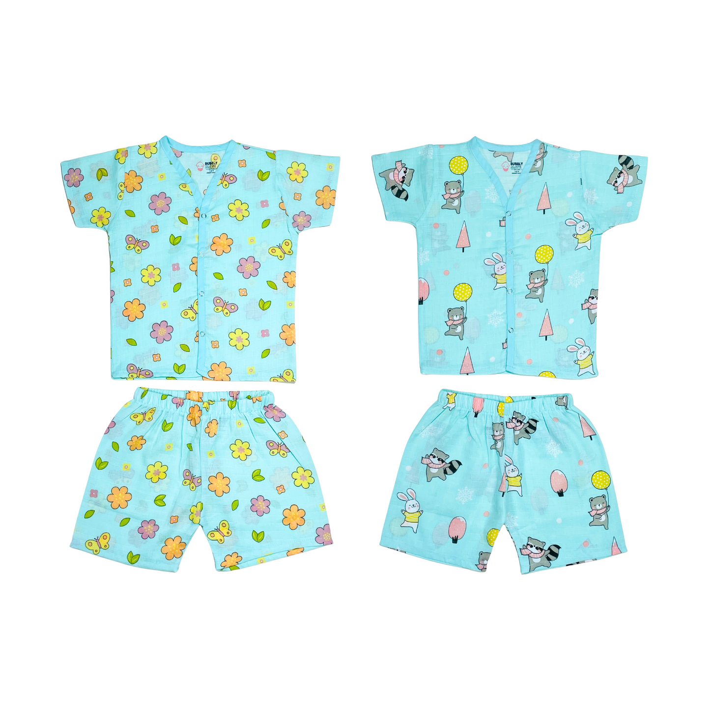 Muslin Jabla Half Sleeve & Shorts - (Pack of 2) - Petals and Wings & Animal party Combo