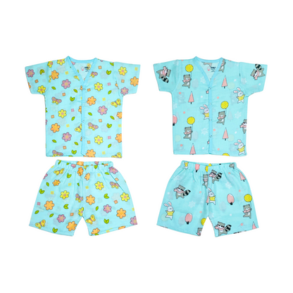 Muslin Jabla Half Sleeve & Shorts - (Pack of 2) - Petals and Wings & Animal party Combo