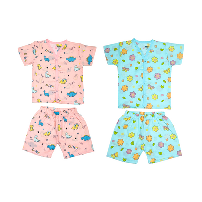 Muslin Jabla Half Sleeve & Shorts - (Pack of 2) - Roar with Dino & Petals and Wings Combo