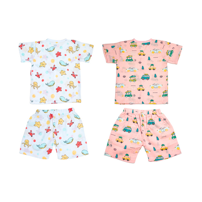 Muslin Jabla Half Sleeve & Shorts - (Pack of 2) - Marine Marvel & Summer Ride Combo