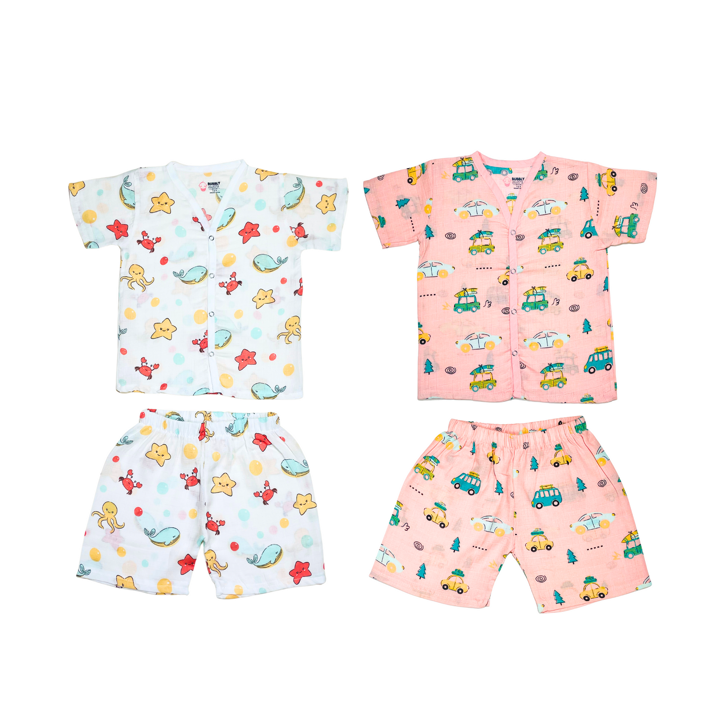 Muslin Jabla Half Sleeve & Shorts - (Pack of 2) - Marine Marvel & Summer Ride Combo