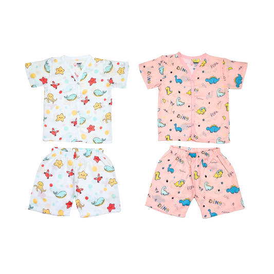 Muslin Jabla Half Sleeve & Shorts - (Pack of 2) - Marine Marvel & Roar with Dino Combo