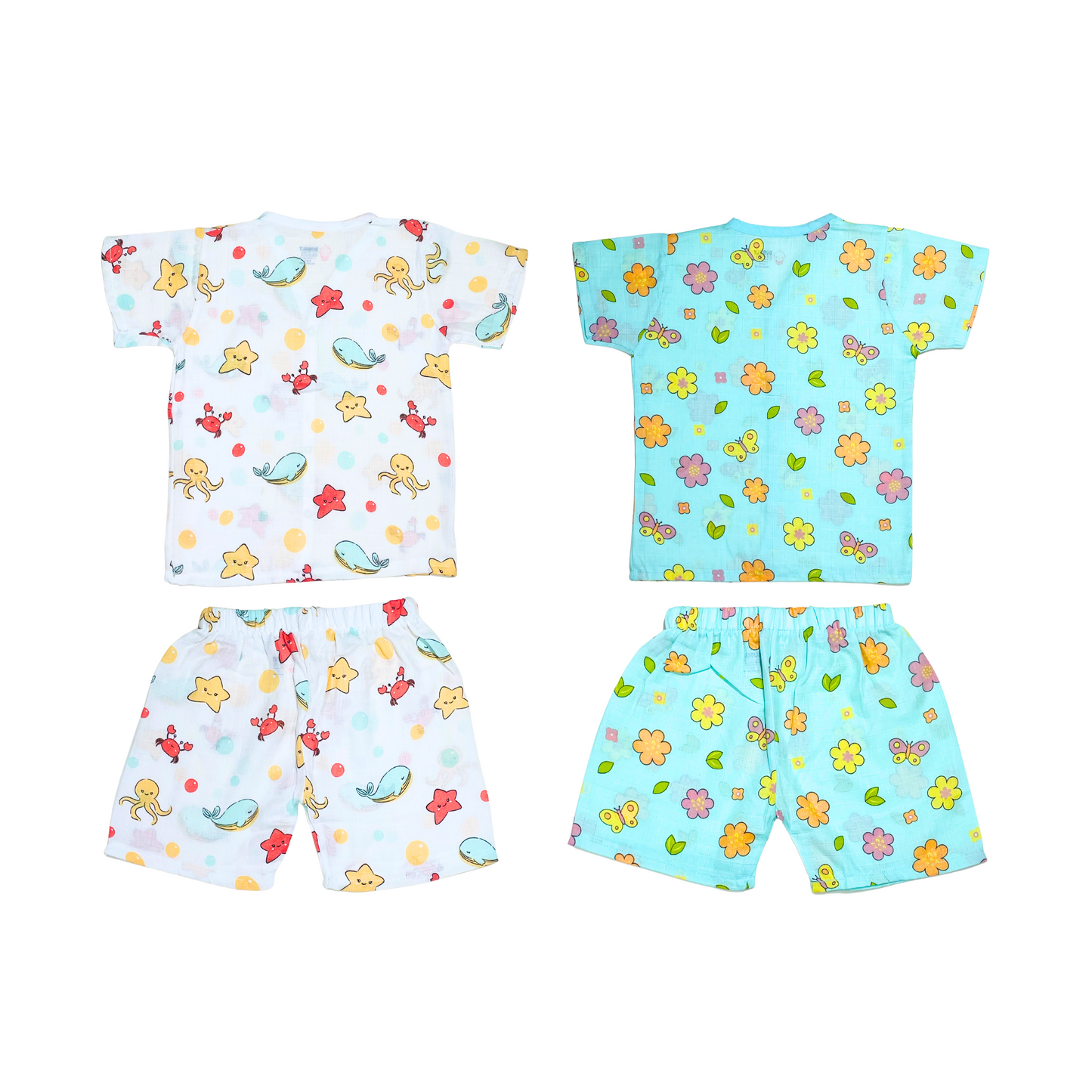 Muslin Jabla Half Sleeve & Shorts - (Pack of 2) - Marine Marvel & Petals and Wings Combo