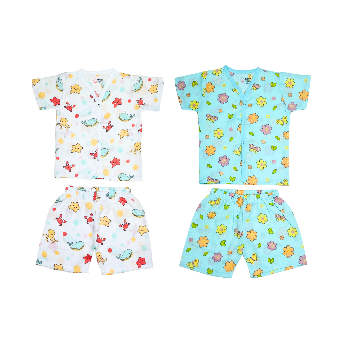 Muslin Jabla Half Sleeve & Shorts - (Pack of 2) - Marine Marvel & Petals and Wings Combo