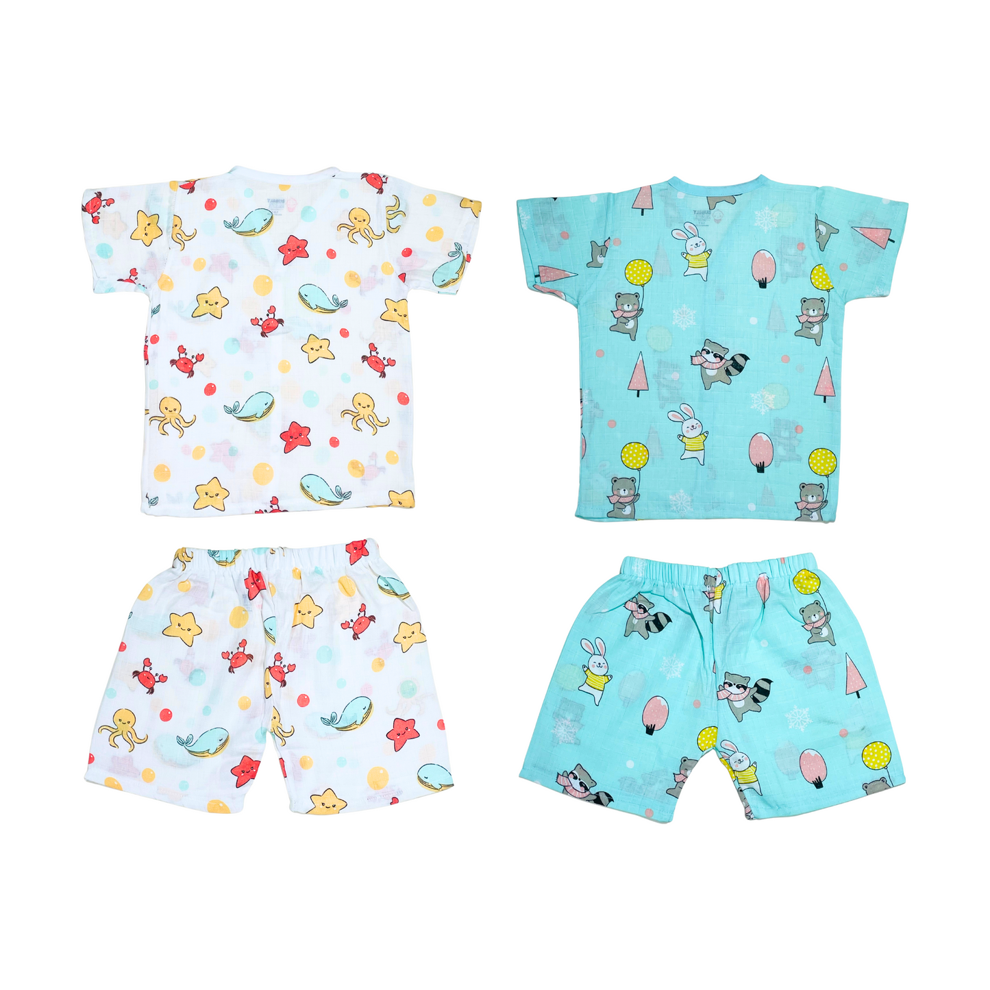 Muslin Jabla Half Sleeve & Shorts - (Pack of 2) - Marine Marvel & Animal party Combo