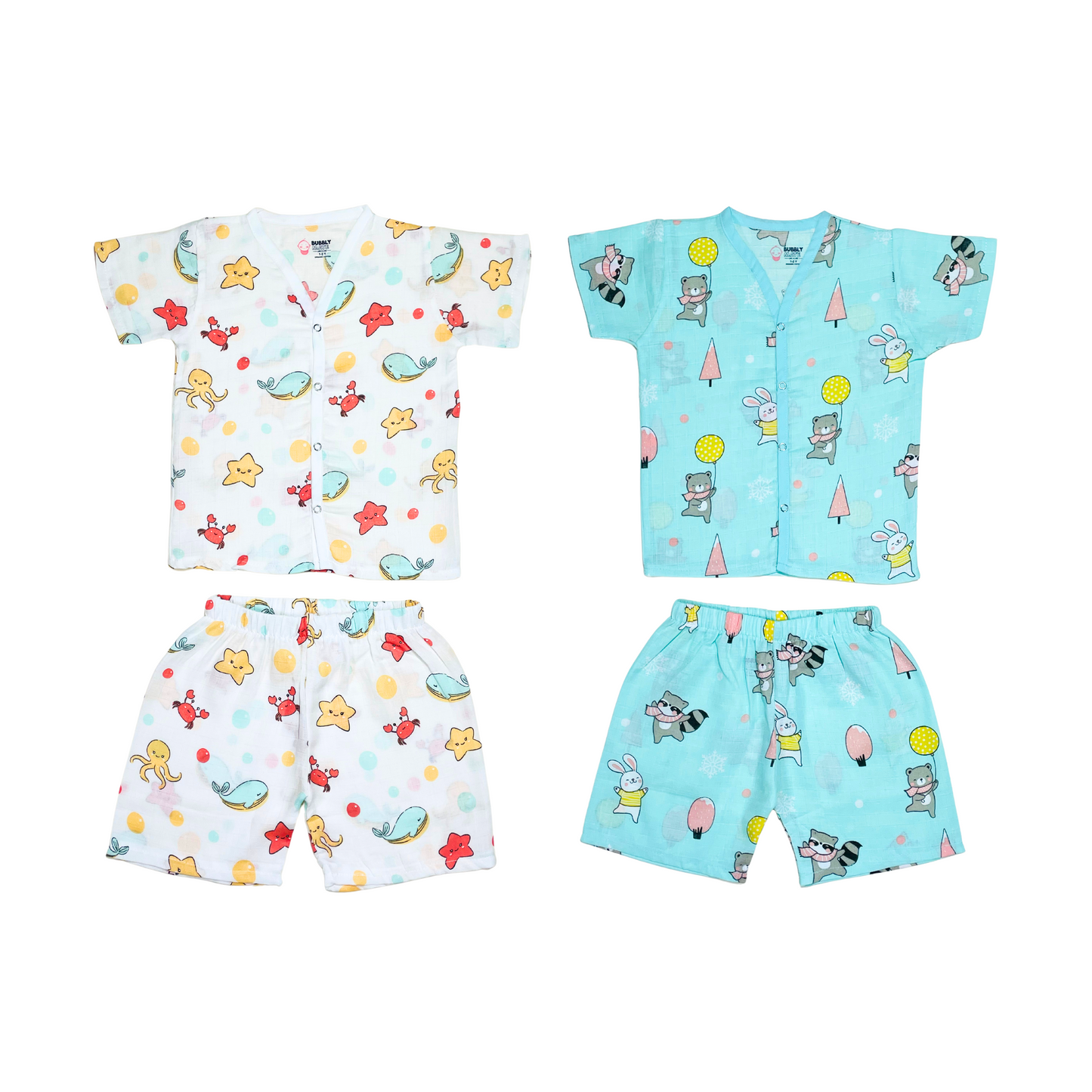 Muslin Jabla Half Sleeve & Shorts - (Pack of 2) - Marine Marvel & Animal party Combo