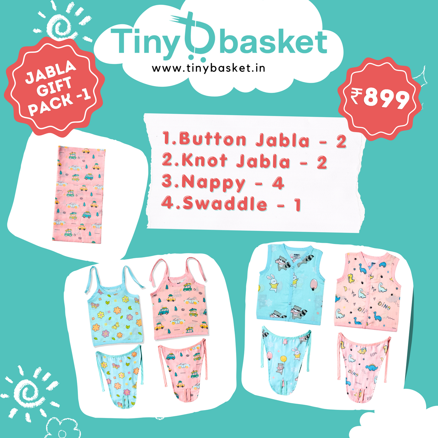 Jabla Gift Pack - 1 (Button Jabla - 2, Knot Jabla - 2, Nappy - 4, Swaddle - 1)