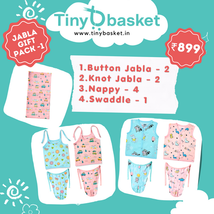 Jabla Gift Pack - 1 (Button Jabla - 2, Knot Jabla - 2, Nappy - 4, Swaddle - 1)