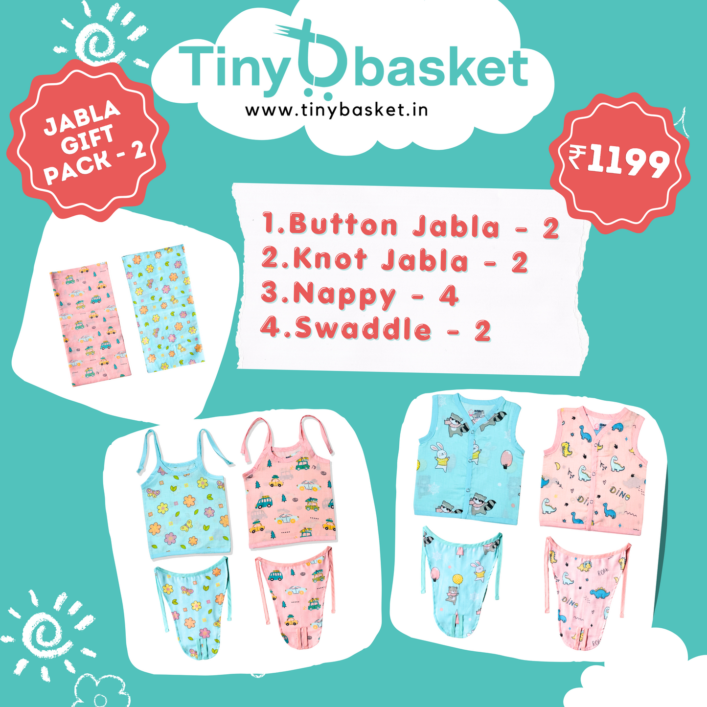 Jabla Gift Pack - 2 (Button Jabla - 2, Knot Jabla - 2, Nappy - 4, Swaddle - 2)