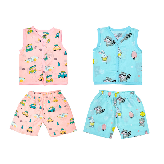 Muslin Jabla Sleeveless & Shorts - (Pack of 2) - Summer Ride & Animal party Combo