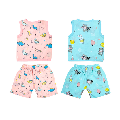 Muslin Jabla Sleeveless & Shorts - (Pack of 2) - Roar with Dino & Animal party Combo