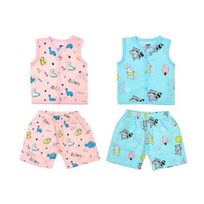 Muslin Jabla Sleeveless & Shorts - (Pack of 2) - Roar with Dino & Animal party Combo