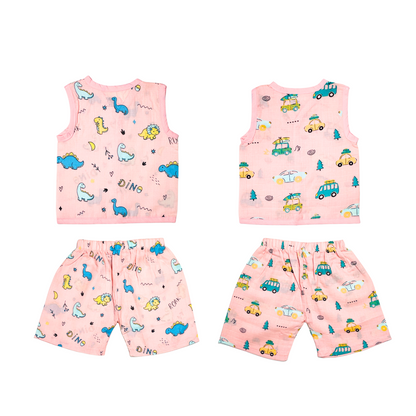 Muslin Jabla Sleeveless & Shorts - (Pack of 2) - Roar with Dino & Summer Ride Combo