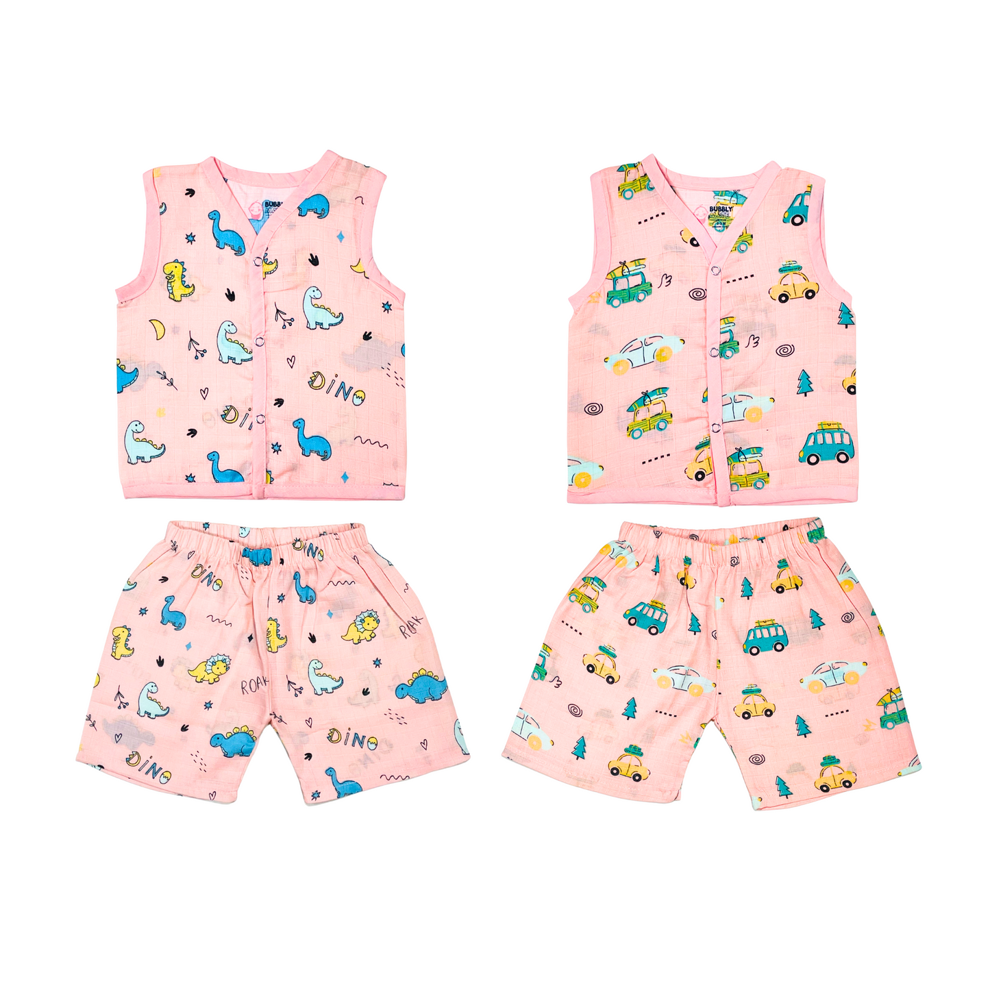 Muslin Jabla Sleeveless & Shorts - (Pack of 2) - Roar with Dino & Summer Ride Combo