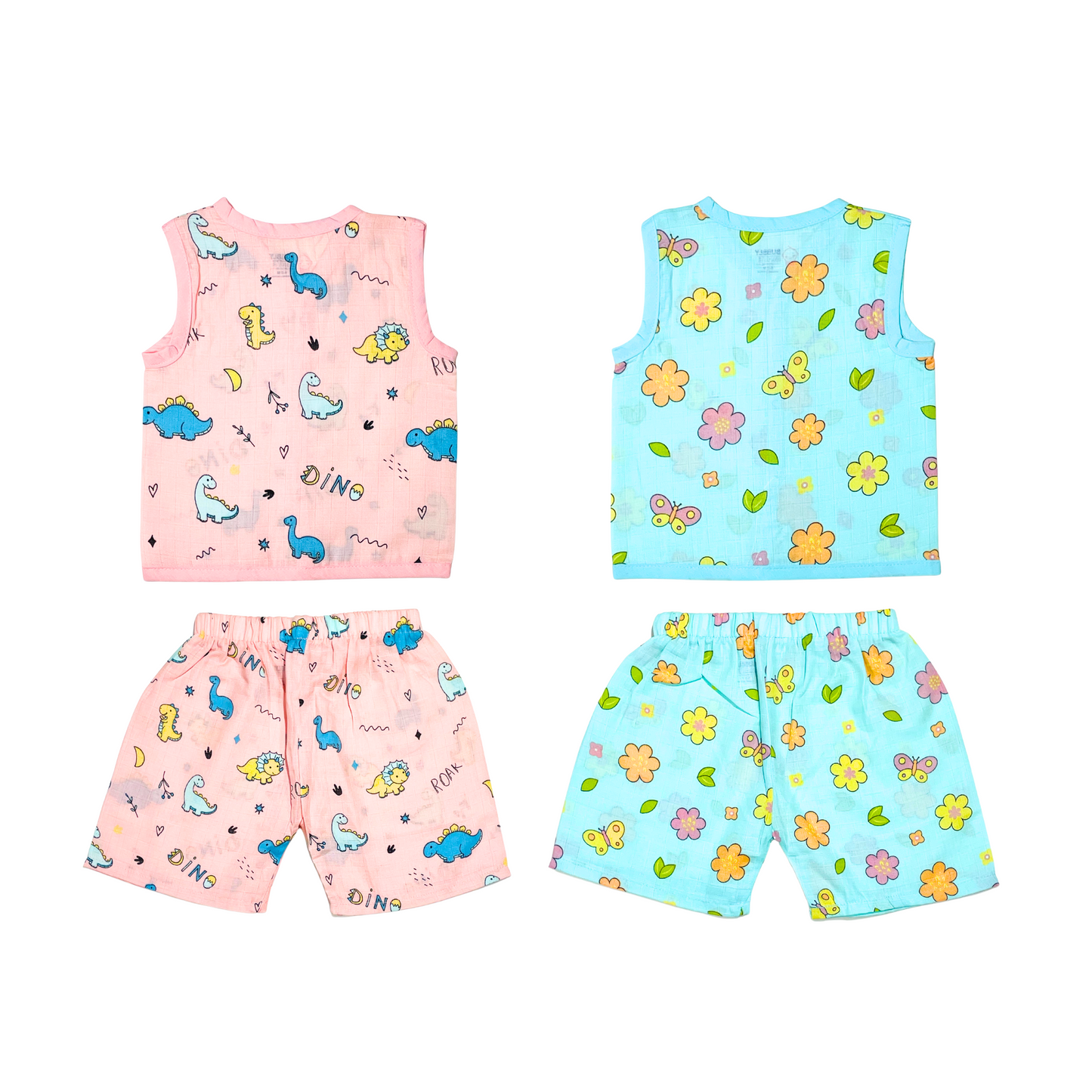 Muslin Jabla Sleeveless & Shorts - (Pack of 2) - Roar with Dino & Petals and Wings Combo