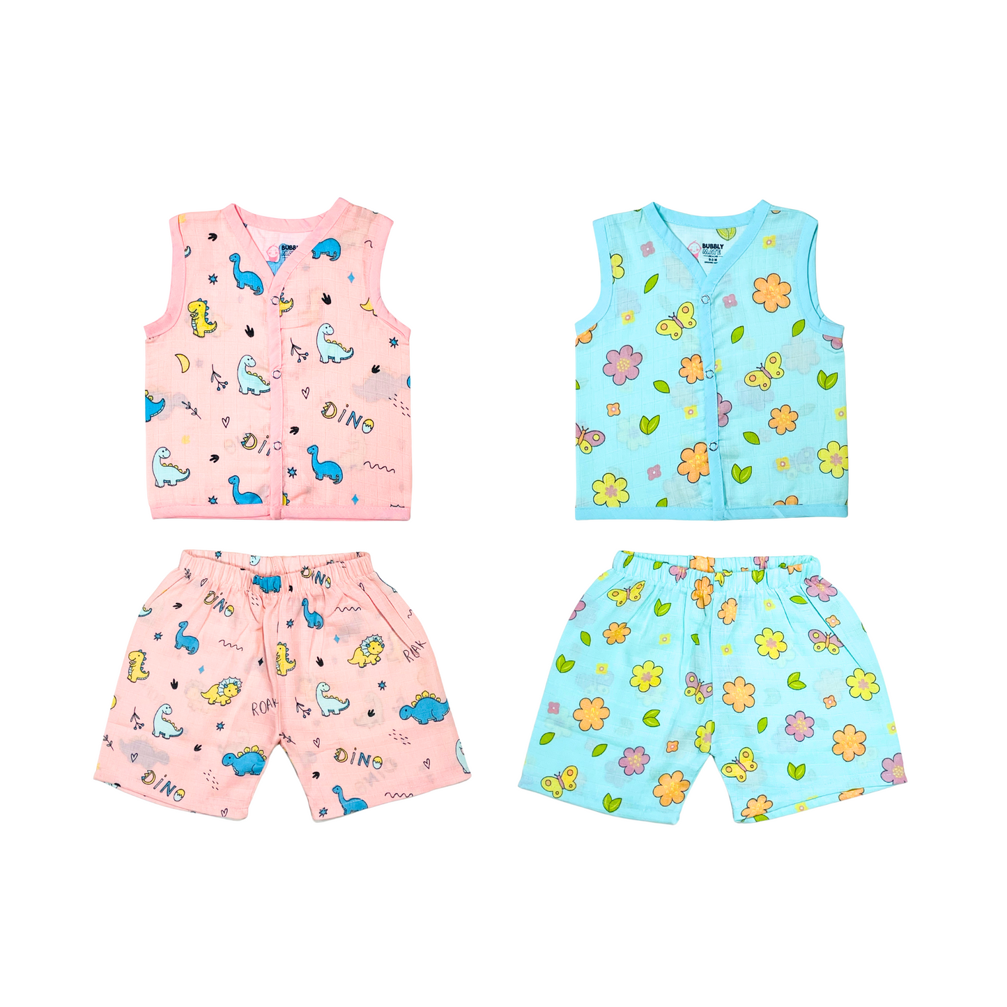 Muslin Jabla Sleeveless & Shorts - (Pack of 2) - Roar with Dino & Petals and Wings Combo