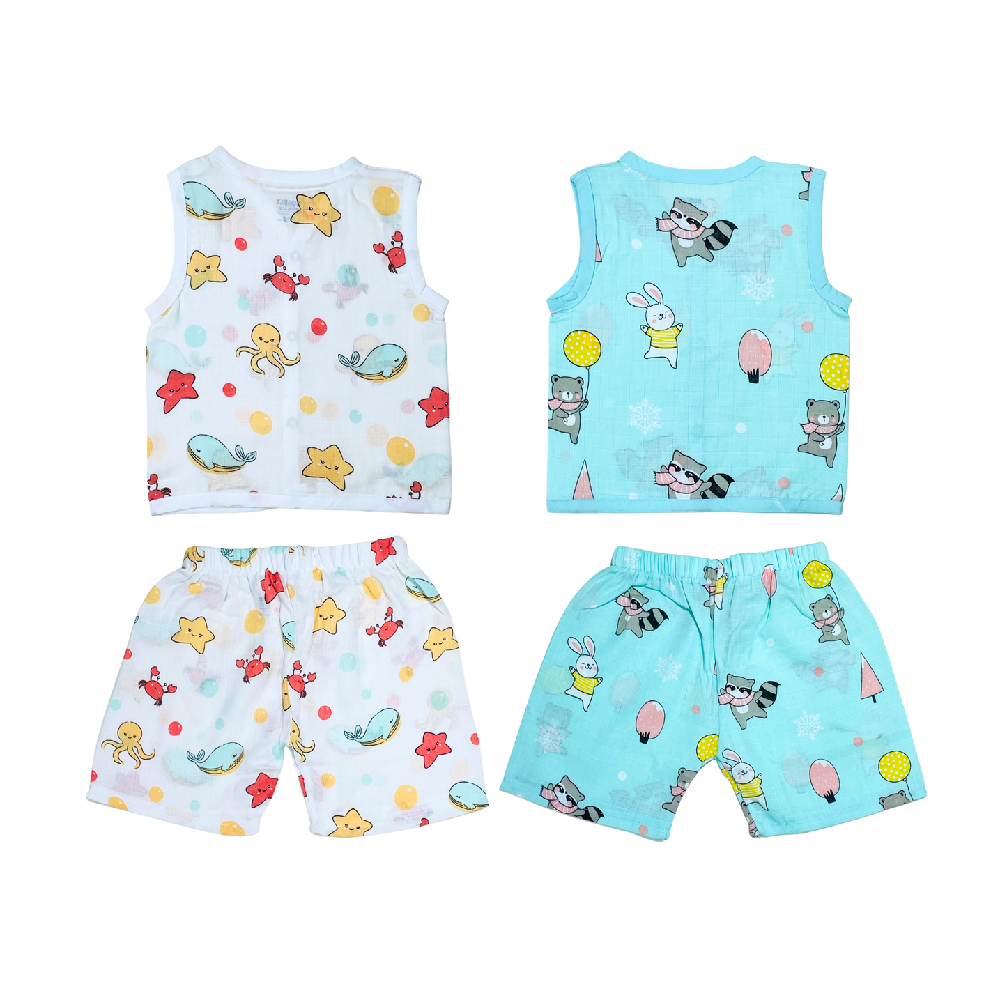 Muslin Jabla Sleeveless & Shorts - (Pack of 2) - Marine Marvel & Animal party Combo