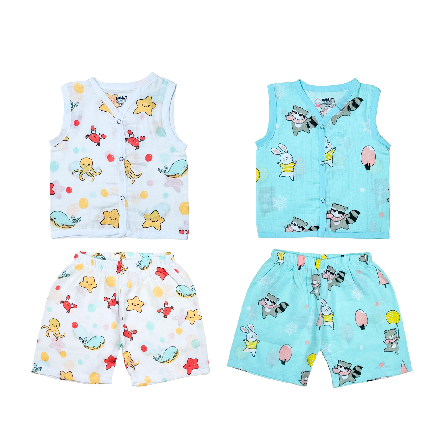 Muslin Jabla Sleeveless & Shorts - (Pack of 2) - Marine Marvel & Animal party Combo