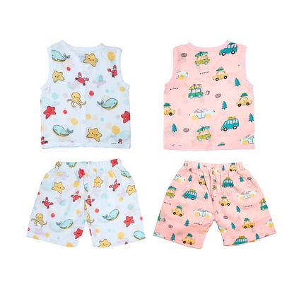 Muslin Jabla Sleeveless & Shorts - (Pack of 2) - Marine Marvel & Summer Ride Combo