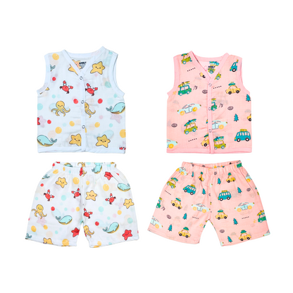 Muslin Jabla Sleeveless & Shorts - (Pack of 2) - Marine Marvel & Summer Ride Combo