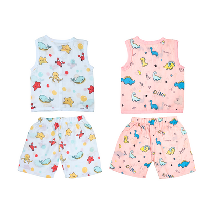 Muslin Jabla Sleeveless & Shorts - (Pack of 2) - Marine Marvel & Roar with Dino Combo