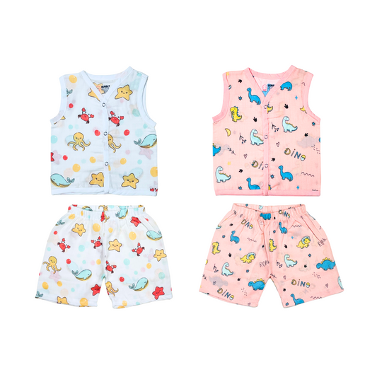 Muslin Jabla Sleeveless & Shorts - (Pack of 2) - Marine Marvel & Roar with Dino Combo