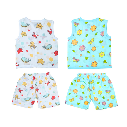 Muslin Jabla Sleeveless & Shorts - (Pack of 2) - Marine Marvel & Petals and Wings Combo