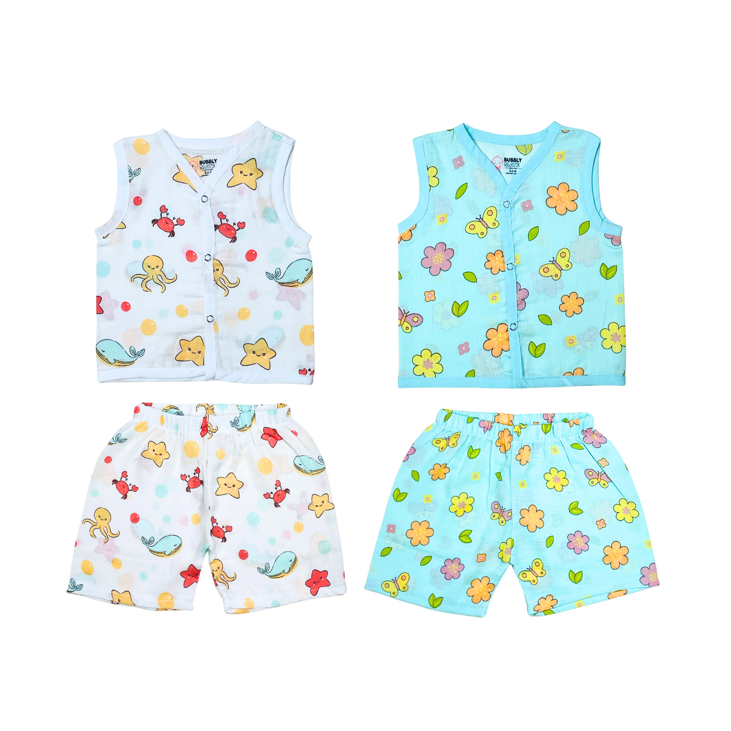 Muslin Jabla Sleeveless & Shorts - (Pack of 2) - Marine Marvel & Petals and Wings Combo