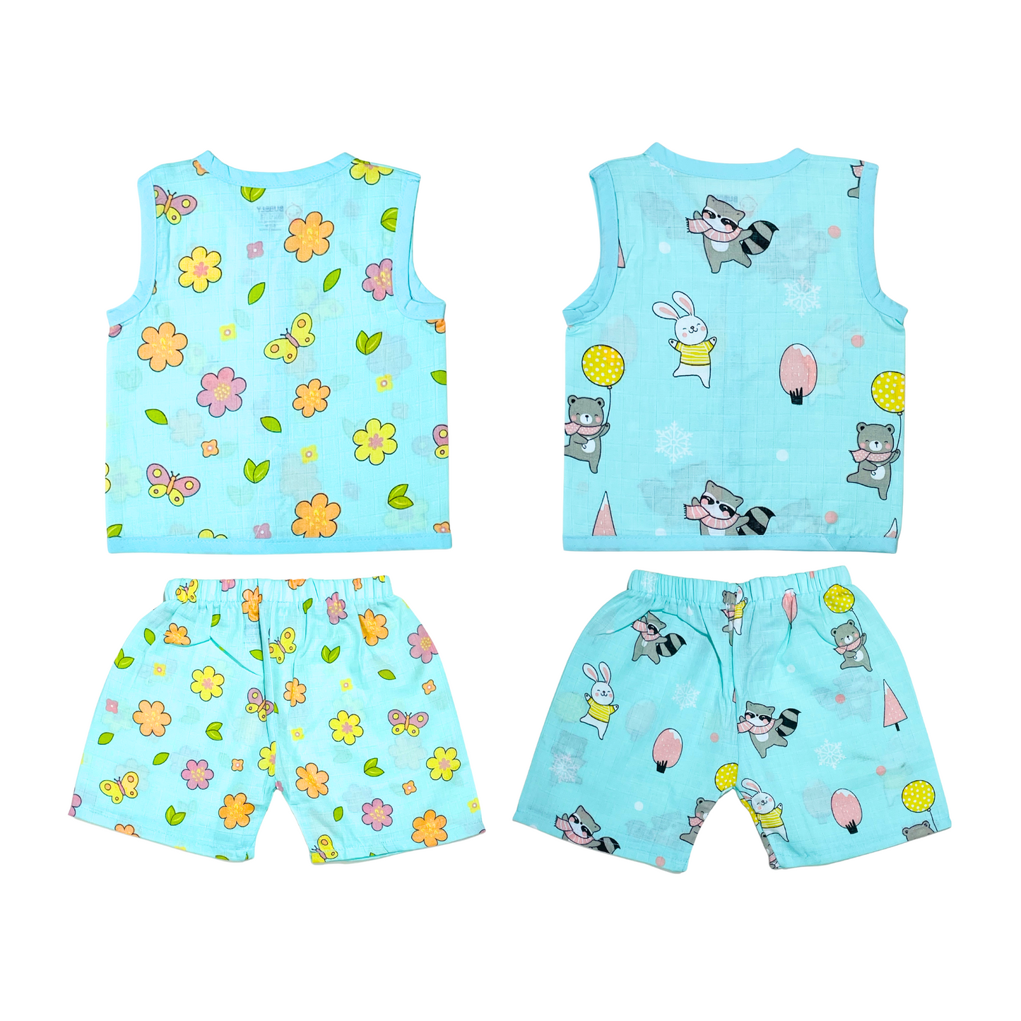 Muslin Jabla Sleeveless & Shorts - (Pack of 2) - Petals and Wings & Animal party Combo