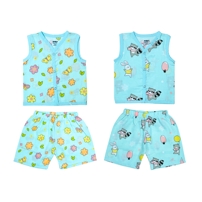 Muslin Jabla Sleeveless & Shorts - (Pack of 2) - Petals and Wings & Animal party Combo