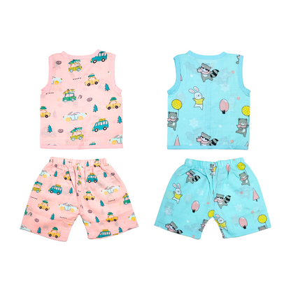 Muslin Jabla Sleeveless & Shorts - (Pack of 2) - Summer Ride & Animal party Combo